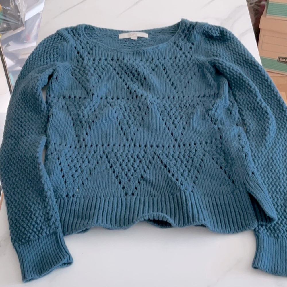 Loft baby blue crochet knit crewneck sweater, size small.